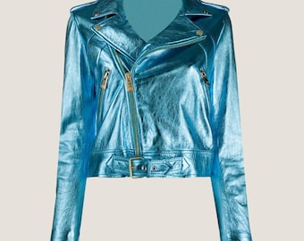 Women&#39;s Blue Metallic Leather Biker Jacket - Stylish Party Wear For Women - Cropped Blue Leather Jacket For Streetwear - Best Gift For Her