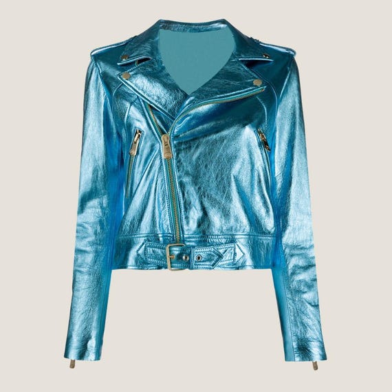 Metallic Blue Leather Biker Jacket - Women's Moto Jacket