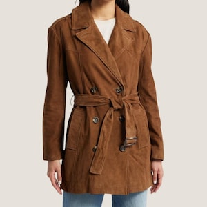 Women’s Brown Suede Leather Trench Coat, Handmade Real Leather Double Breasted Belted Jacket , Fall Winter Long Outerwear Coat ,Gift For Her