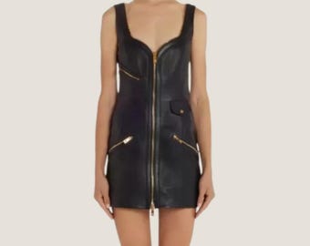 Handmade Black Leather Mini Dress, Front Zipper, Bodycon