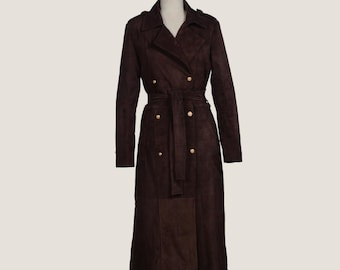 Dark Brown Suede Trench Coat - Double-Breasted Vintage Outerwear