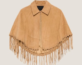 Tan Suede Fringe Cape Women – Western Boho Goatskin Shawl, Handmade