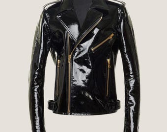 Shiny Black Vinyl Biker Jacket – Men's Moto Jacket with Gold Zippers