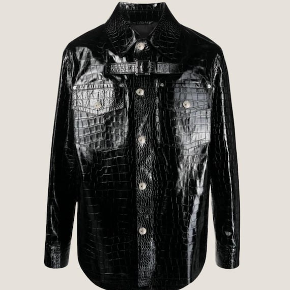 Men's Black Croc Embossed Genuine Leather Biker Jacket - Etsy Israel