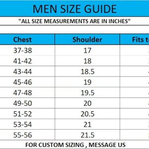 May include: A size guide for men's clothing, with measurements in inches. The chart includes sizes XS to 5XL, detailing chest, shoulder, fits to chest, and sleeve measurements. Text at the bottom encourages custom sizing inquiries.
