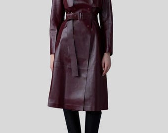 Burgundy Sheepskin Leather Trench Coat - Long Belted Luxury Outerwear