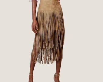 Tan Suede Fringe Midi Skirt – A Line Western Style Skirt, Handmade