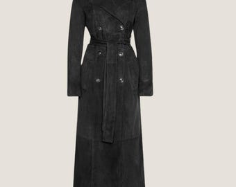 Womens Black Suede Leather Long Coat - Goatskin Suede Trench with Satin Lining, Relaxed Fit Streetwear, Perfect Handmade Gift for Her / Wife