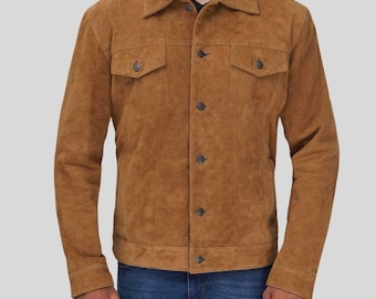 Mens Brown Suede Trucker Jacket – Handmade Goatskin Leather
