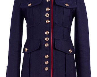 Navy Wool Military Coat, Gold Buttons, Red Piping