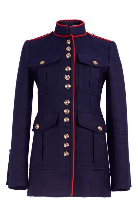 Navy Wool Military Coat, Gold Buttons, Red Piping