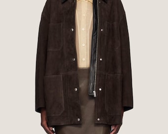 Coffee Brown Suede Jacket for Women – Handmade Goatskin Suede Coat with Satin Lining, Modern Casual Outerwear