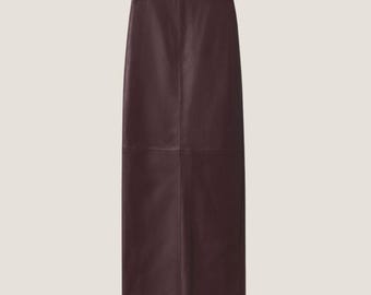 High Waisted Burgundy Lambskin Leather Midi Skirt, Handmade Outerwear Fashion