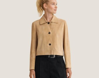 Tan Suede Cropped Jacket Women – Handmade Streetwear & Outerwear | Shirt Collar Jacket