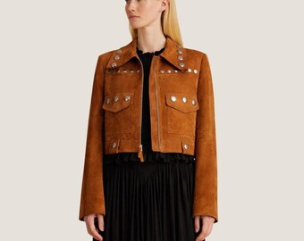 Brown Studded Suede Jacket Women | Cropped Goatskin Leather Jacket | Handmade Short Zip Up For Outerwear & Streetwear