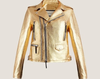 Handgefertigte Metallic Leder Moto Jacke - Kurzer Pailletten-Biker, Gold & Pink