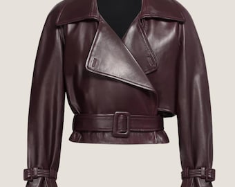 Women&#39;s Cropped Lambskin Leather Jacket – Belted Short Streetwear Coat – Available in Burgundy, Brown & Black Color - Best Gift For Her
