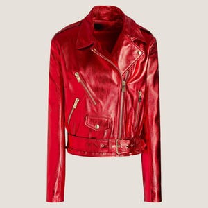 Red Metallic Leather Biker Jacket – Belted Lambskin Moto Jacket