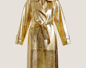 Metallic Gold Trenchcoat, zweireihiger Mantel mit Gürtel