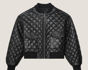 Black Quilted Leather Bomber Jacket Women - Handmade Sheep Leather Cropped Jacket - Short Quilted Moto Coat - Ribbed Outerwear & Streetwear
