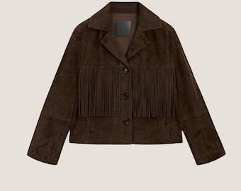 Brown Suede Fringe Jacket for Women – Short Goatskin Suede Cropped Coat – Western Fringes Leather Jacket Women - Handmade Cowgirl Shirt