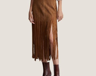 Handmade Suede Fringe Midi Skirt – Brown Leather, Western Boho