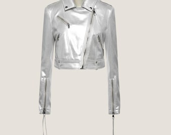Metallic Silver Leather Moto Jacket – Handmade Cropped Bolero