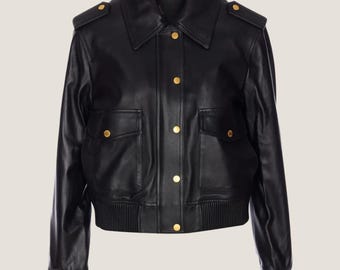 Chaqueta corta de cuero negra para mujer / Prenda de abrigo de lujo moderna y hecha a mano