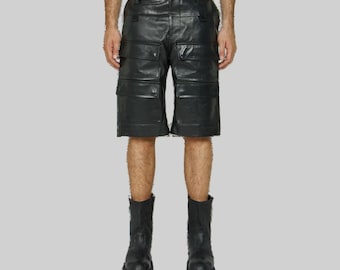 Handmade Black Cowhide Leather Cargo Shorts – Gothic Streetwear