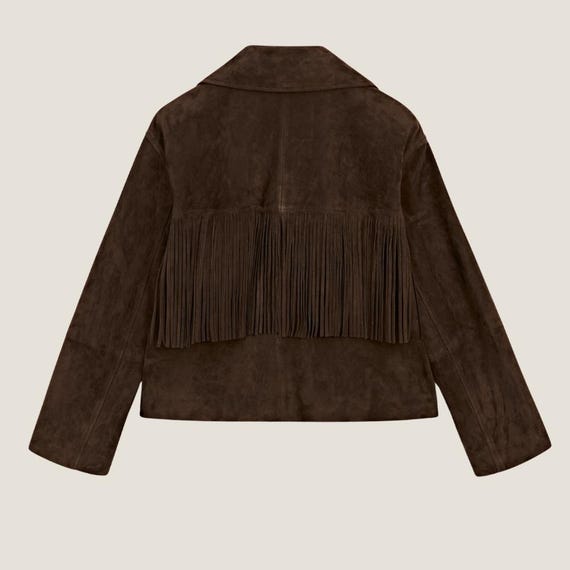 Chaqueta de ante marrón con flecos para mujer – Abrigo corto de
