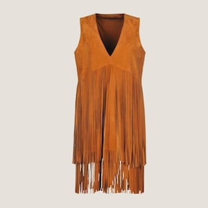 western style tassel brown suede vest mini dress Women's Western Suede Fringe Vest Camel Brown Leather sheepskinleathers