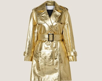 Handmade Metallic Gold Leather Trench Coat - Belted Lambskin Party Jacket