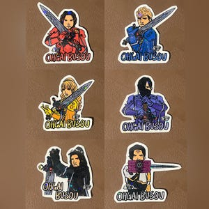 May include: Six die-cut stickers featuring illustrated characters in armour holding swords, each with a holographic finish. The text OHGAI BUSOU is printed in bold letters at the bottom of every sticker, showcasing various colour schemes and character designs.