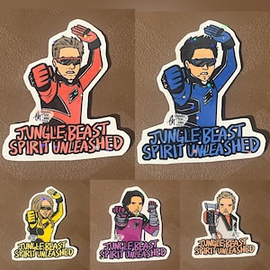 May include: Five die-cut stickers featuring illustrated characters in action poses with the text JUNGLE BEAST SPIRIT UNLEASHED. The characters wear coloured suits including red, blue, yellow, purple, and white with black accents and sunglasses.