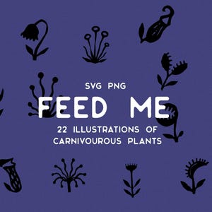 Może przedstawiać: Kolekcja czarnych ilustracji sylwetkowych różnych roślin mięsożernych na ciemnofioletowym tle. Biały tekst głosi SVG PNG FEED ME 22 ILLUSTRATIONS OF CARNIVOUROUS PLANTS. Wzory obejmują dzbaneczniki oraz muchołówki amerykańskie.