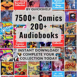 Op de afbeelding: Een promotieafbeelding met een enorme collectie strips en audioboeken. De afbeelding toont talrijke stripboekcovers, waaronder X-Men en World's Finest. Tekst benadrukt "7500+ Comics" en "200+ Audiobooks". De afbeelding bevat ook de tekst "Direct downloaden! Voltooi vandaag nog je collectie".