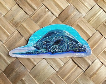 Pegatina de vinilo de Honu en Poipu, tortuga marina en una playa tropical, de Piazza Art, Kauai, Hawái