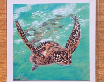 Honu Print, Piazza Art, Sea Turtle, Ocean Life, Sea Life, Ocean Animals, Kauai, Water, Brown, White, Orange, Blue, Turquoise