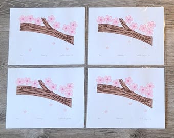 Blooming, Piazza Art, Linoleum Block Print, Spring, Flowers, Branch with Blossoms, Hand Pulled Print, Chin Colle, Reduction lino Print, Pink