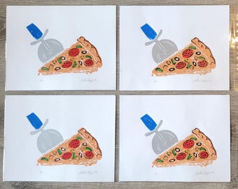 Pizza, Piazza Art, Linoleum Block Print, Food Art, Slice of Pizza, Pizza Wheel, Hand Pulled Print, Chin Colle, Reduction lino Print