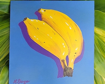 Pomme bananes, art de la Piazza, fruit tropical, banane, art tropical, art culinaire, art de la cuisine, kauai, jaune, orange, marron, pervenche, violet,
