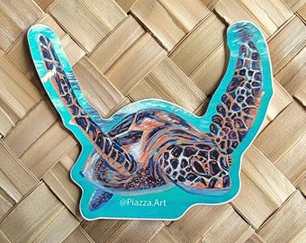 Pegatina de vinilo de tortuga marina, arte oceánico tropical de Piazza Art, Kauai, Hawái