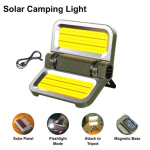 May include: Solar camping light with a green and silver frame. The light has two rectangular panels with yellow LED lights. The light has a flashlight mode, a solar panel, and a magnetic base. The text "Solar Camping Light" is at the top.