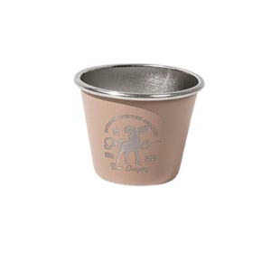 May include: A small, light pink metal cup with a silver rim. The cup features a logo with a moose and the text "Outdoor Adventure Brands" and "Deer Camping".