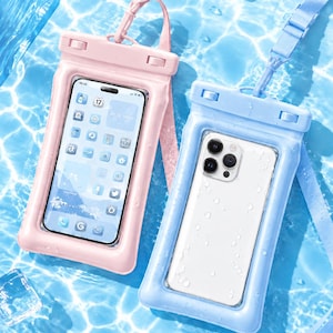 May include: Two waterproof phone pouches, one light pink and one light blue, each featuring a clear window, a secure locking mechanism at the top, and a matching lanyard. The pink pouch displays a smartphone screen, while the blue pouch shows the back of a phone.