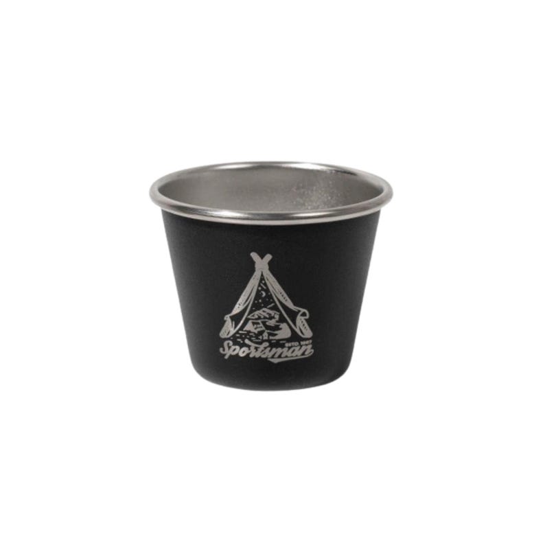 May include: A black metal camping cup with a silver rim. The cup has a white graphic of a tent and the word "Sportsman" in white. The cup is designed for outdoor use and is likely made of durable materials.