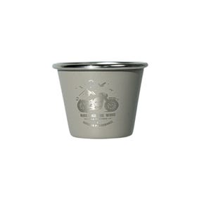 May include: A grey enamel cup with a silver rim. The cup has a motorcycle graphic and the text "RIDE LIKE THE WIND" and "SUPERIOR PERFORMANCE". Suitable for camping or outdoor use.