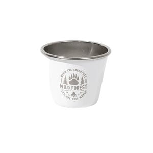 May include: White enamel camping mug with a silver rim. The mug features the text "Wild Forest" with a paw print and tree graphic. The text "Begin the adventure, explore this world" is also printed on the mug.
