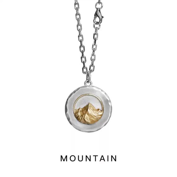 Titanium Steel Sunlit Golden Mountain Necklace Silver Charm 0.88" Chain 21.65" Unisex Daily Jewelry