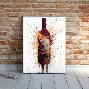 Red Wine Bottle Splash Art, Bar Cart Print, Watercolour Paint Drips Kitchen & Bar Decor, Wine Lovers Gift, Vintage Bar Print, Splatter Art